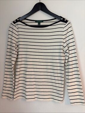 Lauren Ralph Lauren White & Black Striped Long-Boatneck Sleeve Top M